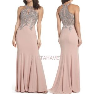 XSCAPE  Embellished Embroidered Halter Top Gown